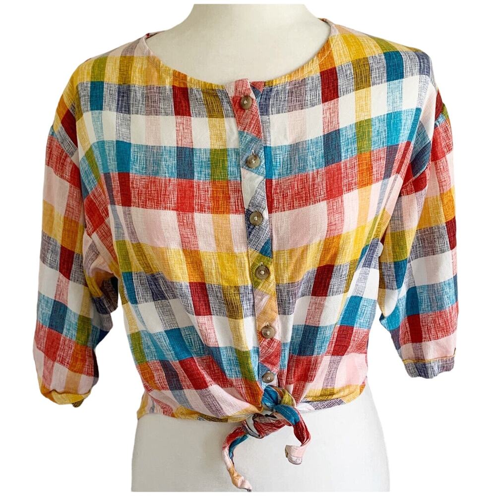 Lucky Brand Multicolor Plaid Crop Top — Women’s L, Button-Front Tie-Front Blouse